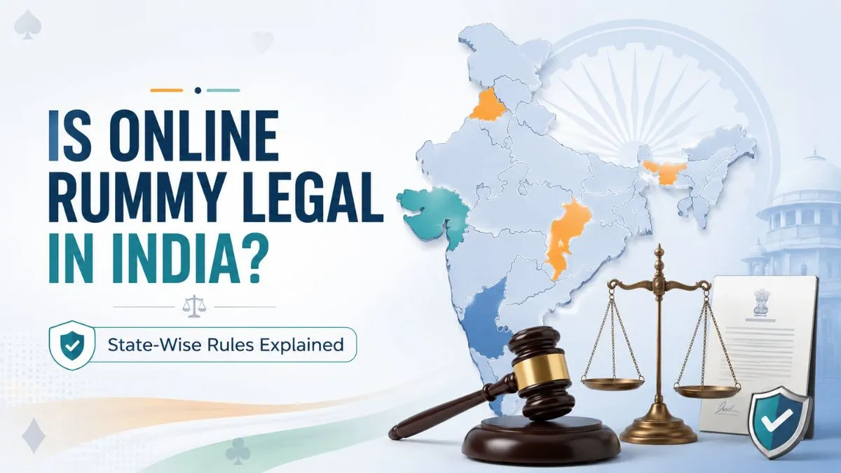India legal information concept with a map, legal scales, and online rummy awareness symbols